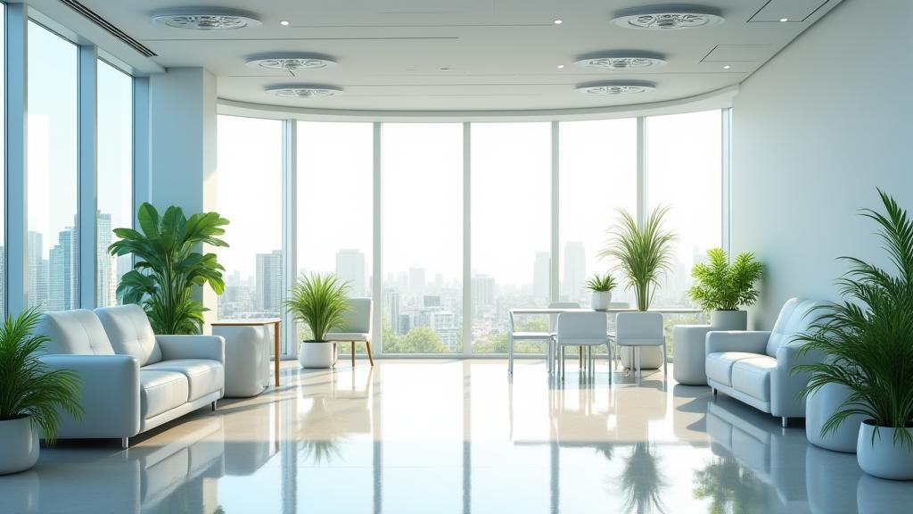 Bright, modern office space with healthy plants, suggesting a positive work environment.